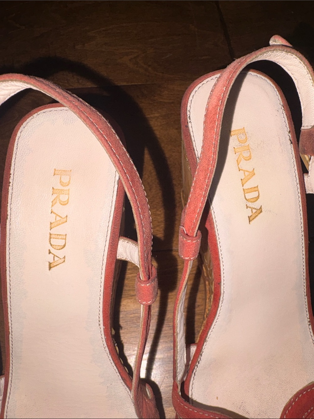 Prada Coral-Peach Leather Slingback Wedge Sandals - Picture 10 of 16